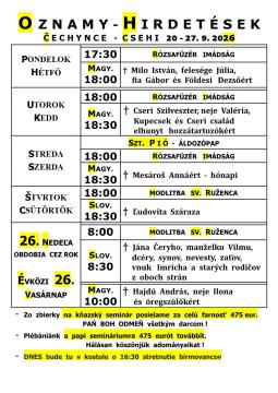 Farské oznamy farnosti Čechynce 20.–27. 9. 2026: sv. omše a ruženec