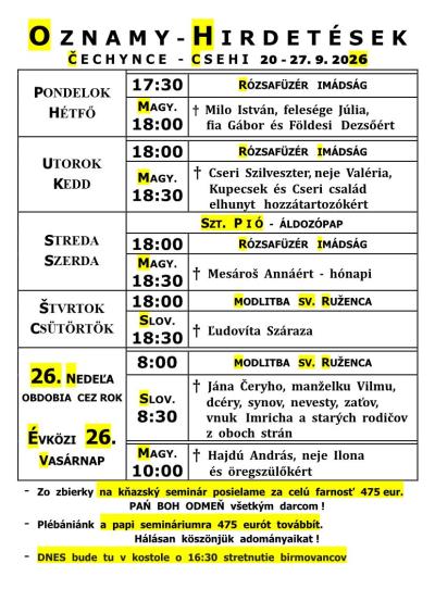 Farské oznamy farnosti Čechynce 20.–27. 9. 2026: sv. omše a ruženec