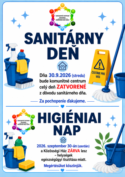 Komunitné centrum Čechynce zatvorené 30.9.2026 do 16:00 pre sanitárny deň