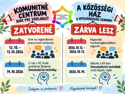 Komunitné centrum zatvorené 12.–14.10.2026 pre regionálne stretnutie a školenie