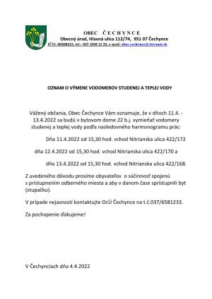 OZNAM O VÝMENE VODOMEROV STUDENEJ A TEPLEJ VODY v 22 b.j.
