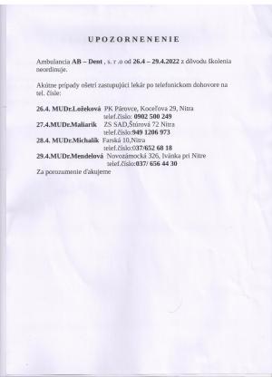 Upozornenie Ambulancia AB-Dent, s.r.o. Golianovo