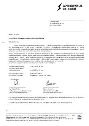 Informácia o plánovanom prerušení distribúcie elektriny