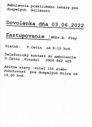 Oznam praktického lekára pre dospelých Golianovo