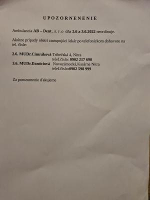 Oznam Ambulancie AB-Dent, s.r.o. Golianovo