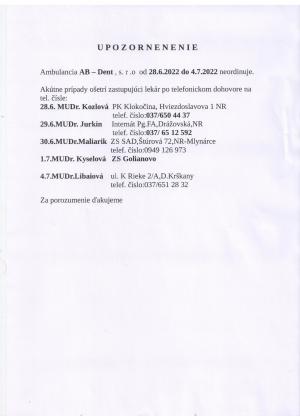 Oznam Ambulancie AB-Dent, s.r.o.
