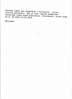 Oznam obvodného lekára pre dospelých v Golianove - a körzeti orvos hirdetése
