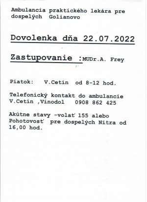 Oznam obvodného lekára pre dospelých v Golianove - a körzeti orvos hirdetése