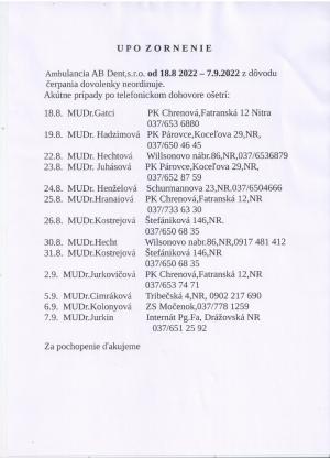 Oznam Ambulancie AB Dent, s.r.o. Golianovo