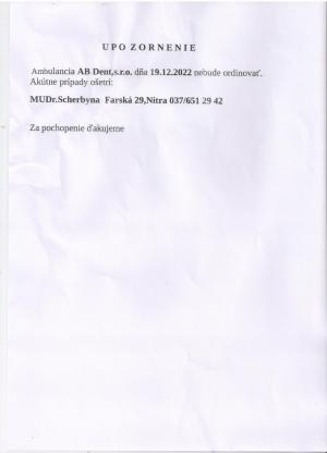 Oznam Ambulancie AB dent s.r.o.
