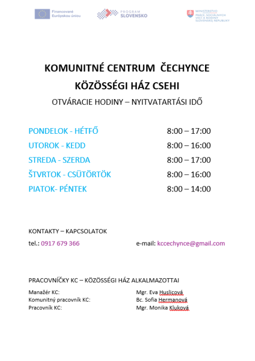 Otváracie hodiny komunitného centra